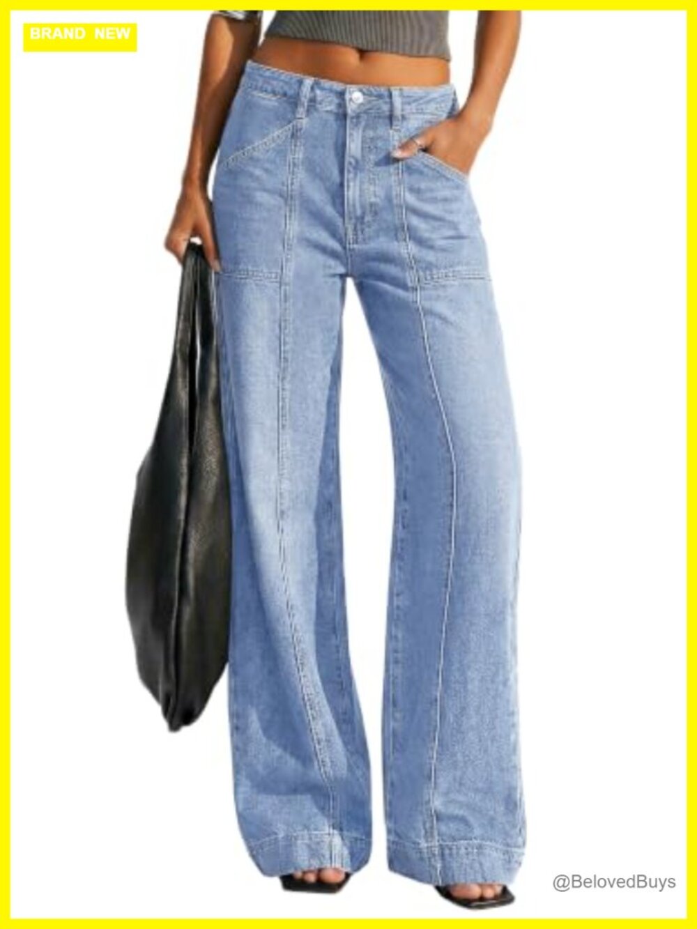 High Waisted Wide Leg Stretchy Straight Leg Baggy Jeans Front Seam Denim Pants - Picture 4 of 7